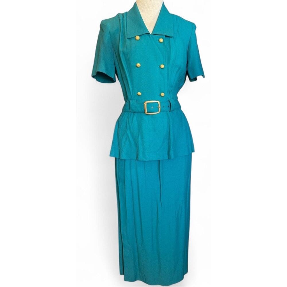 Vtg Short Sleeve Skirt Set Dress Jacket Sm Teal Retro Career Secretary Cosplay